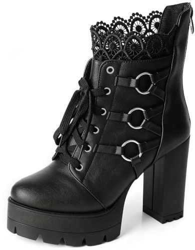 FOREADA Goth Platform High Heel Boots Women Lace Up Combat Ankle Booties