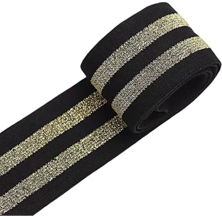 Wambere 3 m x 5 cm, banda de goma elástica, a rayas, plana, elástica, banda de punto elástica para bricolaje, bandas de cintura, accesorios, color negro y dorado, 3 m