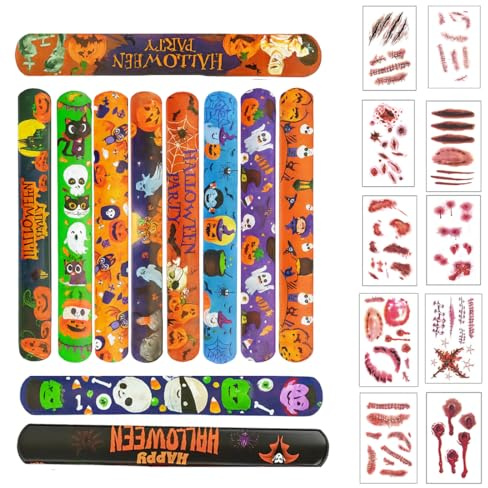 12 Pezzi Halloween Braccialetti Slap, 10 Adesivi Temporanei per Tatuaggi, Tatuaggi per Bambini Halloween, Gadget Halloween Giocattoli Festa Braccialetti Schiaffo
