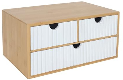 Relaxdays Schubladenbox, Bambus & MDF, 3 geriffelte Schubladen, HBT: 15 x 30 x 20 cm, Schreibtisch Organizer, weiß/Natur