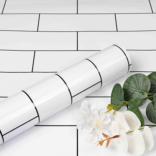 ReWallpaper Klebefolie Fliesenoptik Küche Weiß Selbstklebende Tapete Fliesen Glänzend Rolle Folie für Möbel Küchen Arbeitsplatte Abwaschbar 40CMx3M Weiß Wandtapete Selbstklebend Fliesen PVC