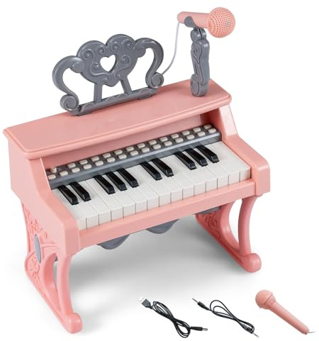COSTWAY Tastiera Pianoforte per Bambini, Pianoforte Elettrico 25 Tasti con Leggio e Microfono, Strumento Musicale Educativo per Bambini da 3+ Anni