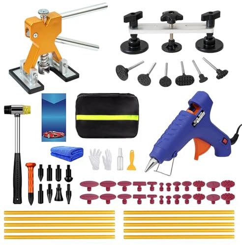 DIQDI 59-Piece Paintless Dent Puller Kit, Suitable for Small to Medium Dents, Auto Dent Removal Tools, Portable Door Dent and Hail Damage Repair Kit, Automotive Body Repair Set with Hot Glue Gun