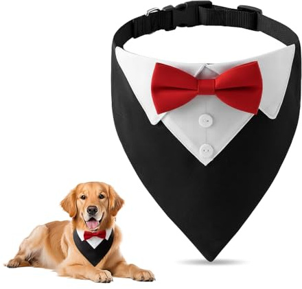 SZMK Hund Smoking Bandana Halsband 36-60 cm,Hundehalstücher Mit Krawatte und Fliege,Hundetuch Halsband,Kostüme Hundehalsband mit Tuch Verstellbar für Hochzeit, Geburtstag, Party - Rot