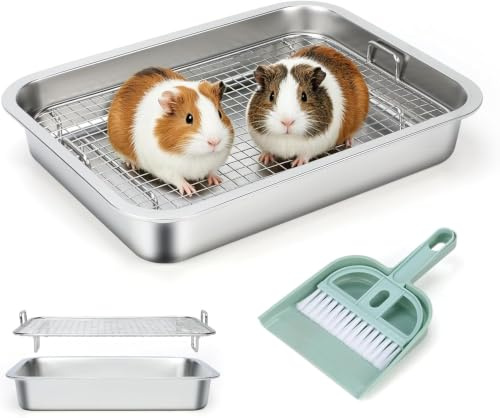 HYLYUN Stainless Steel Guinea Pig Toilet with Grille + Hand Brush | Odourless gnaw proof small animal toilet. Easy-care rodent loo Flat entry for easy access, 40 x 30 x 7 cm