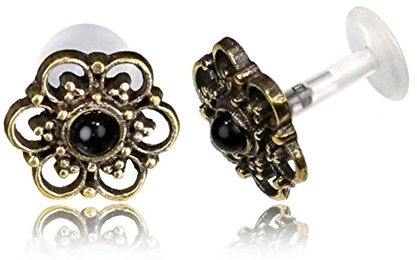CHICNET Labret Lippen Piercing Bio Acryl Onyx Punkte Blume antik golden Brass Tragus 08 mm