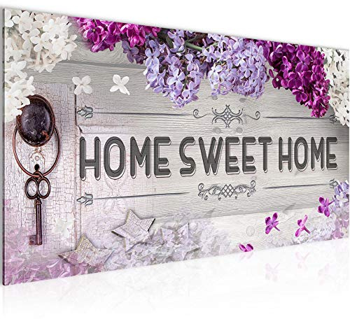 Runa Art Wandbild Home Sweet Home 1 Teilig 100 x 40 cm Modern Bild auf Vlies Leinwand Flieder Wohnzimmer Violett Lila 503712a