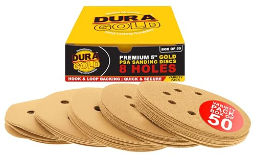 Dura-Gold Premium - Variety Pack - 5 Gold Sanding Discs - 8-Hole Dustless Hook and Loop - 10 Each of Grit (60, 80, 120, 220, 320) - Box of 50 Sandpaper Finishing Discs for Woodworking or Automotive