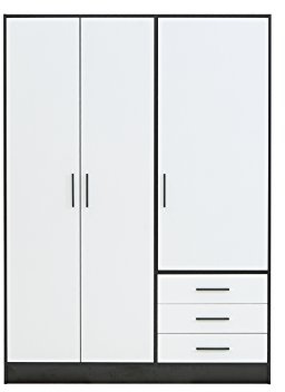 FORTE Jupiter Schrank 140 150, Kleiderschrank, Drehtürenschrank, 3-türig, mit 3 Schubladen und Einlegeböden, Schwarz Weiß, 145 cm breit x 60 cm tief x 200 cm hoch