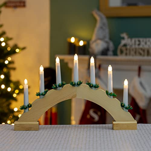 The Christmas Workshop 70859 Wooden Arched Christmas Candle Bridge/Pine Wood Finish / 7 Warm White LED Lights/Christmas Lights & Decorations / 44cm x 27cm x 4.5cm / Battery Powered