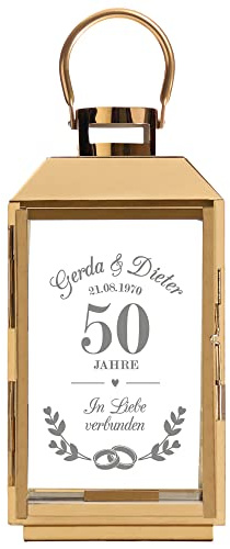 Casa Vivente Laterne aus goldfarbenen Edelstahl mit Gravur zur Goldenen Hochzeit, Personalisiert mit Namen und Datum, Deko Windlicht als Geschenkidee für Ehepaare zum 50. Hochzeitstag