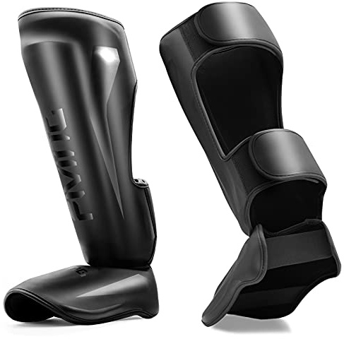 FIVING MMA Martial Arts Shin Guards – Padded, Adjustable Muay Thai Leg Guards with Instep Protection for Kickboxing/MMA Training and Sparring – Durable, Professional MMA Equipment (Black, Small)