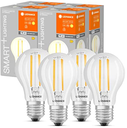 LEDVANCE Smarte LED-Lampe mit WiFi Technologie, Sockel E27, Dimmbar, Warmweiß (2700 K), ersetzt Glühlampen mit 60 W, SMART+ WiFi Classic Dimmable, 4er-Pack