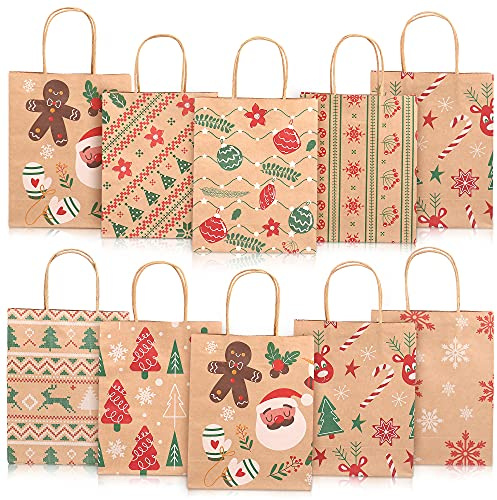 24 Stück Papiertüten Weihnachten Geschenktüten mit Henkel, Braun Weihnachtstaschen Weihnachtsgeschenktüten Kraftpapiertüten, Geschenkverpackung Tasche für Weihnachtsfeier, 23 x 18,5 x 8,5 cm
