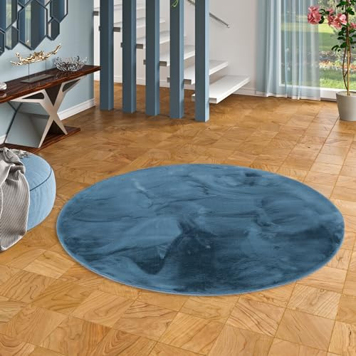 Pergamon Luxus Super Soft Kunstfell Fellteppich Plush Blau Rund in 3 Größen