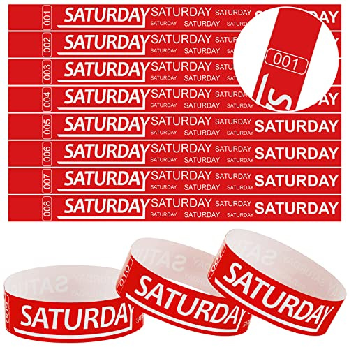 Henoyso 600 Pcs Saturday Paper Wristbands Event Admission Paper Bracelets Numbered Waterproof Party Armbands for Events Day of the Week(Red)