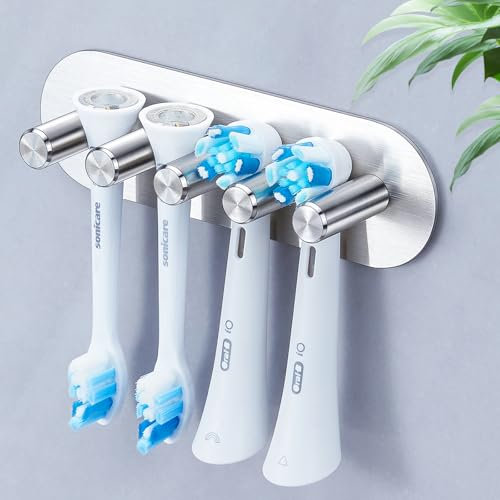 YAYINLI Toothbrush Holder, Electric Toothbrush Holder Wall Mounted, Anti-Rust Metal Toothbrush Head Holders for Bathroom, Self Adhesive Non Screw Tooth Brush Holder Organiser (Silver, Large)