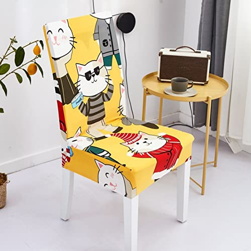 Stuhlhussen Gelbe Graue Katze Stuhlbezug Spandex Stretch Stuhlhussen 6er Set Abnehmbare Waschbar Hussen für Stühle für Esszimmer Hotel Bankett Hochzeit Partys Deko