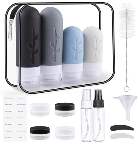 Revivoer Botellas de Viaje Silicona, 16 Piezas Kit de Botes Viaje Accesorio Portátil con Travel Bottles Frascos de Spray Tarros de Mascarilla para Gel Líquidos Champú Crema Loción (Negro)