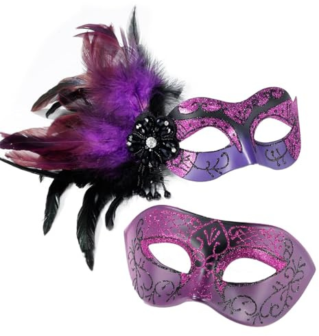 MYSEUNI 2025 Neue Maskerade Maske für Paare, Maskerade Masken Damen mit Federn & Venezianische Maske Herren für Karneval