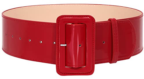 SUOSDEY Damen Lackleder Elastisch Gürtel, Mode Breite Taillengürtel Cinch Gürtel für Kleid Mantel mit quadratischer Schnalle rot