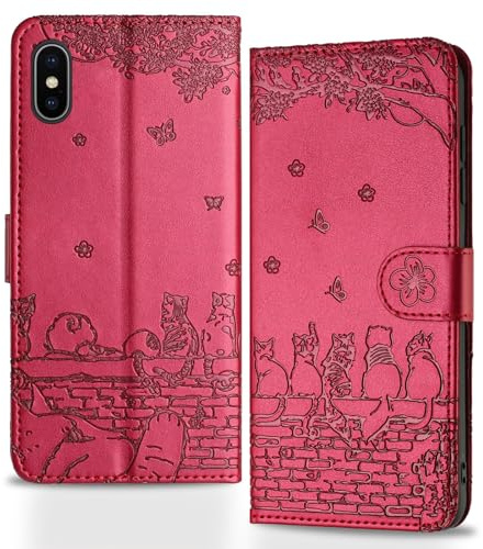 Butnyeoe Handyhülle für iPhone X/iPhone XS,Zaunkatzen Klappbar Hülle,Geprägtes PU Leder Wallet Schutzhülle Tasche Flip Case,Magnetische Klapphülle mit Kartenfach Standfunktion,Mauve/Rot