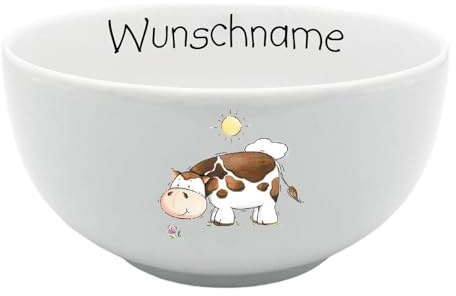 Doriantrade Müslischale Kinder Porridge Schale Porzellan Kuh personalisierbar mit Wunschname Name Kindergeschirr mit Namen personalisiert