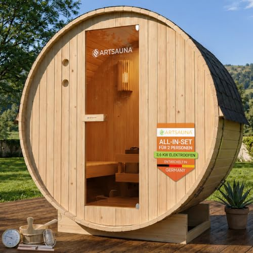 Artsauna Sauna a botte per esterni Spitzbergen 120 per 2 persone – stufa da 3,6 kW, pietre per sauna e accessori – botte per sauna in legno di abete – sauna esterna da giardino