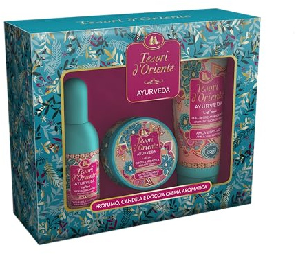 Tesori d'Oriente - Geschenkset, Dusche 250 ml, Aromatischer Duft 100 ml und Duftkerze 109 g, Ayurveda-Duft, Geschenkbox