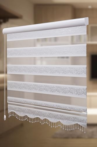 PlisseeOnline Doppelrollo Duorollo mit Alu Kassette und Motiv Rankenmuster und Perlen Blickdicht freihängend Zebra Perde mit Motiv Weiß Silber Glitzer Breite 180 cm Höhe 250 cm