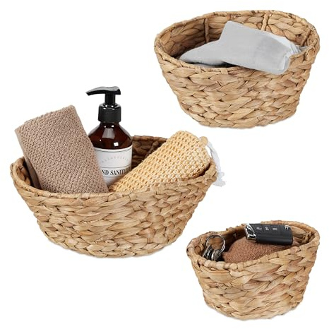 Relaxdays Pack 3 Cestas Almacenaje, Jacinto de Agua, Cajas Almacenamiento Ovaladas 3 Tamaños, Organizador Baño, Natural