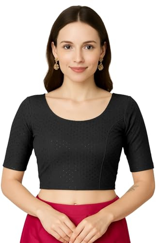 Jaanvi mode dam rund hals bomull dobby lycra armbåge ärm färdig sari blus, Svart, XL