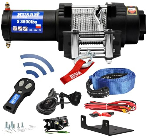 Husar Winch Elektrische Seilwinde 12V, 3500 lbs | 1587 kg, Stahlseil 12 m, 3-stufiges Planetengetriebe, Funkfernbedienung, Automatische Bremse, Montagesatz – ideal für ATV/UTV + KOSTENLOSER BERGEGURT