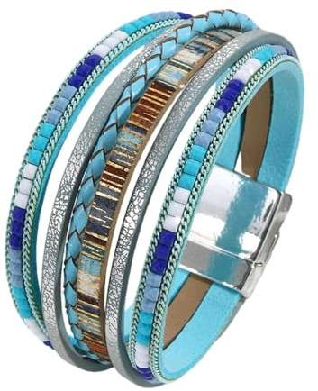 KunBead Sparkly Blue Leather Wrap Bracelets for Women Handmade Braided Boho Multilayer Magnetic Buckle Bracelet Wristband Cuff Bangle