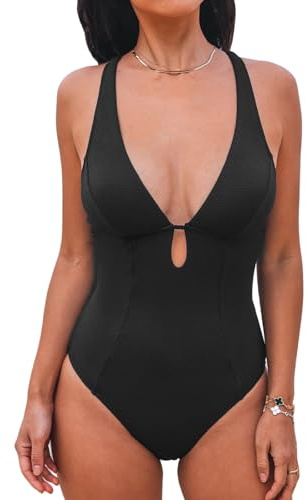 CUPSHE Women's One Piece Swimsuit Deep V Neck Bathing Suit Keyhole Cutout O Ring Textured Swimwear, M Black