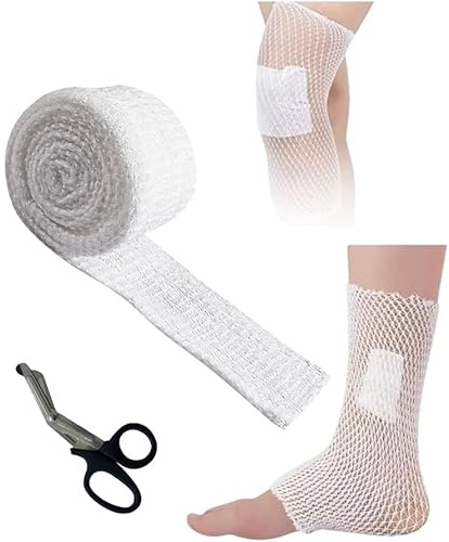 Esshogo Benda a Rete Tubolare Elastica, Rete Elastica Fasciatura, Bendaggio Elastico Tubolare, fasciatura Traspirante, Medicazione Fermo Tubolare Elasticizzato con Forbici Mediche per Gamba Mano Piede
