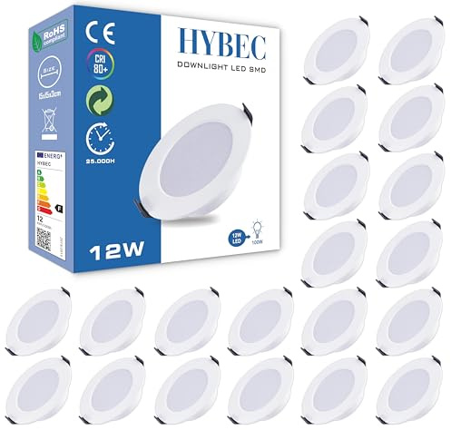 HYBEC - LED Einbaustrahler Flach, Einbaustrahler LED, LED Einbaustrahler, LED Spots, Spots Deckenleuchte LED, LED Einbauleuchten, Downlight, LED Downlight, LED Panel Light, 12W (Pack 20)