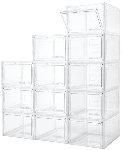 Attelite Uppgradering 12-pack skokartong förvaringsbehållare, tjock stadig, klar, stapelbar, plastskoorganiseringslåda med magnetisk dörr, X-Large hängande främre skobox
