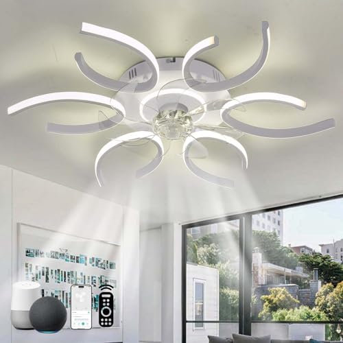 Alexa Ceiling Light with Fan LED Reversible Dimmable Ceiling Fans with Lights and Remote Control Silent DC Fan Light 6 Speed Indoor Bedroom Large Modern for Living Room-White||Remote+APP+Alexa