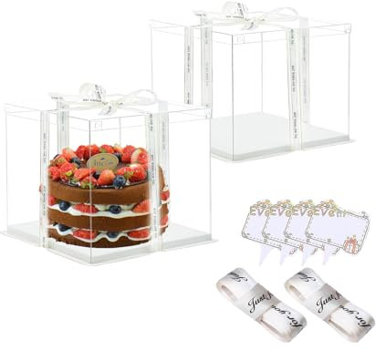 Vebetter 2pcs Boite a Gateau Transparente Boite Layer Cake Boite de Transport Gateau 18 x 18cm Réutilisable Boîte à Gâteaux en Plastique avec Ruban pour Gateau et Présentoir à Dessert, 4 inch.