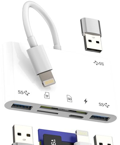 Adapter Lightning auf USB (6 in 1) SD-Kartenleser Micro SD für iPhone 14 Pro Max OTG 3.0 Kabel für Apple, kompatibel mit Samsung S24, für iPad, Ladegerät USB-A, Externer Schlüssel, TF-Speicherkamera