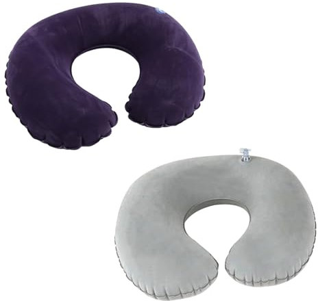 2 Pezzi Cuscino Gonfiabile da Viaggio, Cuscino per il Collo Ergonomico Pieghevoli e Portatili Ideali per Aereo, Auto e Treno, Facile Regolazione dell'Inflazione, Cuscini Gonfiabili da Volo, blu+grigio