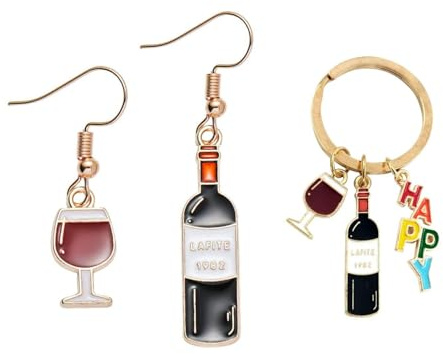 GTYHH 1 Paire De Boucles d'oreilles en Verre De Vin Rouge Et 1 Porte-Clés en Verre De Vin Rouge, Boucles d'oreilles Intéressantes, Boucles d'oreilles Créatives, Boucles d'oreilles Mignonnes