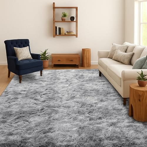 SOANNY Alfombra de Pelo Largo para Salón, Lavable Antideslizante y Suave, Diseño Tie-Dye Shaggy para Dormitorio y Habitación Infantil, Tapete para Cama, 160x230 cm, Gris Claro