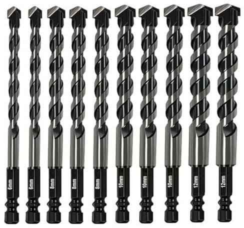 Set di 10 punte per trapano per muratura (1/4, 5/16, 3/8, 1/2) - Punta in carburo per calcestruzzo, piastrelle, mattoni, vetro, ceramica, plastica e legno - Punte per trapano a percussione e a