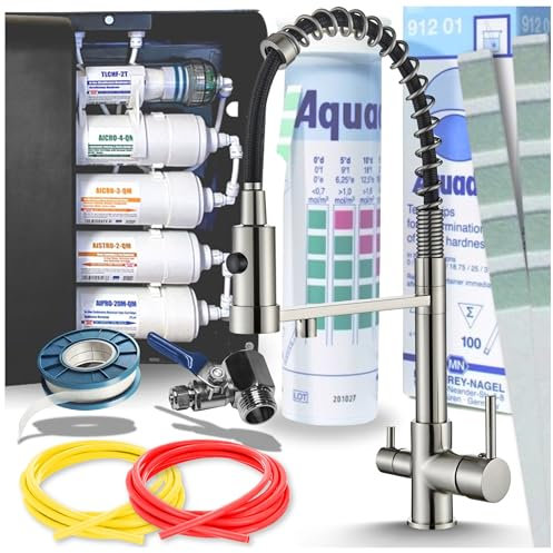 Edelstahl-Küchenarmatur mit herausziehbarem Schlauch und Filteranschluss | 3-Wege-Wasserhahn drehbar 360° in Silberoptik | Trinkwasserarmatur inkl. Filtersystem und Teststreifen