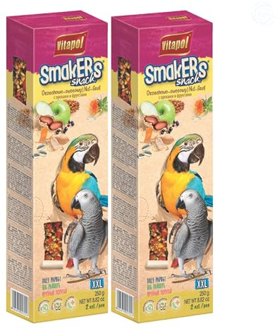 Vitapol Smakers® Parrot Treat Sticks – Variety of Snacks for Budgies, Cockatiels & Large Parrots | Natural Fruit, Egg, Honey, Seed | Vitamin-Rich Snacks, Health & Plumage Support (Nut-Fruit, 250g)