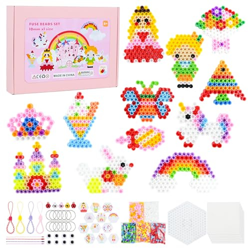 HERMORRYSS Perline da Stirare, Perline a Fusione Principessa, 1200 Pezzi 10MM Perline DIY Colorate con 12 Motivo, 6 Carta Stiro e Accessori, per Bambin Artigianato Creativo Regalii Compleanno