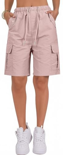 PADOLA Kurze Hose Damen Knielang Sommer Schnelltrocknende Shorts mit 4 Taschen Elastische Taille Cargoshorts Kordelzug Bermuda Einfarbige Stoffhose Wandershorts Funktionsshorts (2 Pink, L)