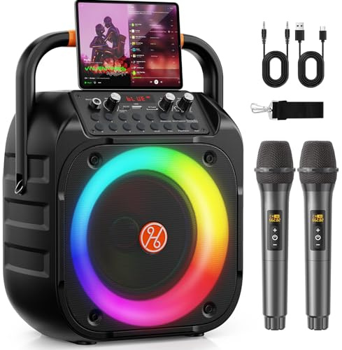 HWWR Machine Karaoke avec 2 Micro sans Fil, Haut-Parleur karaoké Complet avec Lumières de fête, Karaoke Adulte et Enfants, Subwoofer 6,5'' Portable Système Support AUX/FM/USB/TF Carte